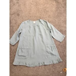 Women’s Linen Tunic Ruffles Pleats Match Point Oversized Medium Blue Pockets